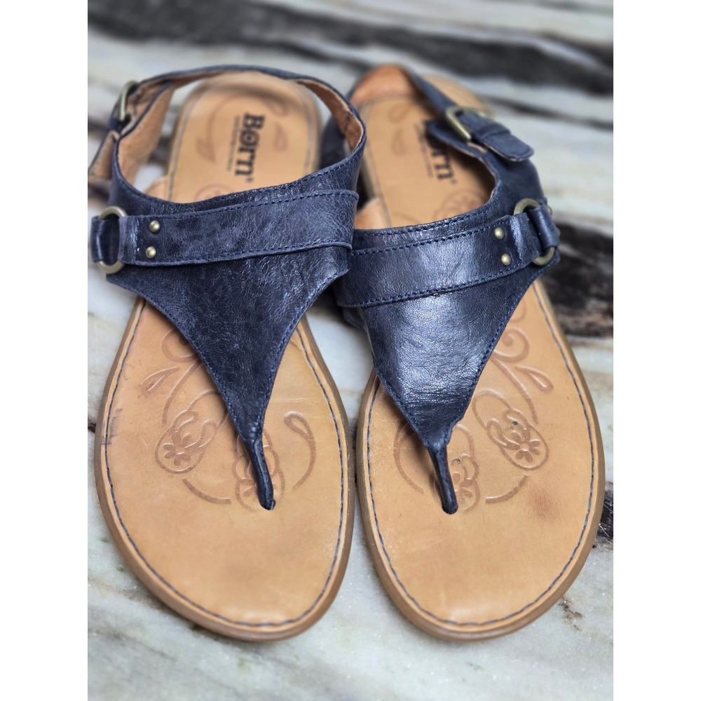 Born Womens Navy‎ Blue Leather Thong Slingback Sandals Flat Shoes  Size 8 Summer